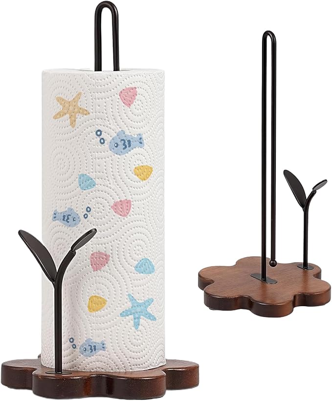 Wooden Paper Towel Holder Countertop,Kitchen Paper Towel Holder with Floral Base & Leaf-Shaped Accent with -Stable & Durable, Anti-Slip, Paper Towel Roll Holder for Farmhouse/Kitchen/Dining Décor