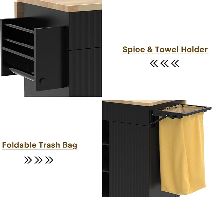 Kitchen Island with Drop Leaf, Rolling Kitchen Island on Wheels, Kitchen Island Cart with Removable Trash Bag, Drawer, Spice Rack, Mobile Island Table with Storage Cabinet, Black