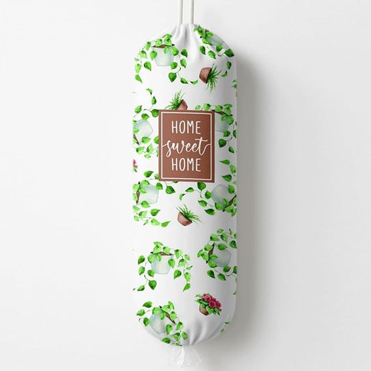Plastic Bag Holder, Home Sweet Home Plastic Bag Holder for Kitchen Essentials, Bags Holders for Plastics Bags Groceries Store, Leaf Reusable Trash Sack Storage Dispenser to Kitchen Decor