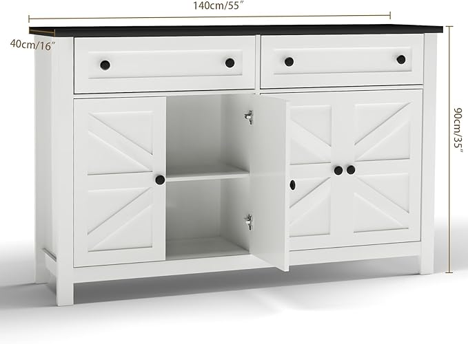Farmhouse Kitchen Cabinet with Drawers, Rustic Sideboard Buffet Cabinet with Shelves and 4 Doors, Coffee Bar Cabinet, Storage Cabinet for Entryway Living Room Kitchen,White