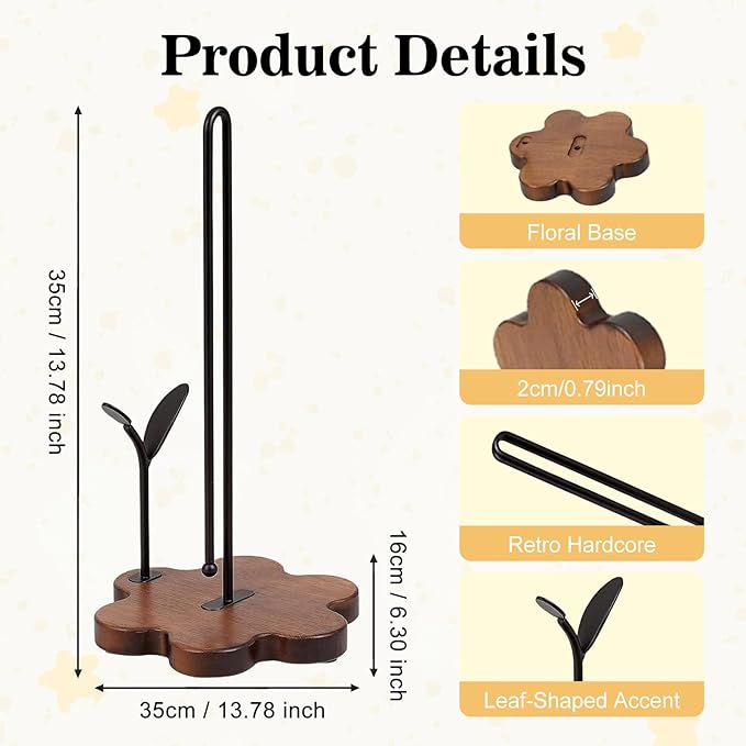 Wooden Paper Towel Holder Countertop,Kitchen Paper Towel Holder with Floral Base & Leaf-Shaped Accent with -Stable & Durable, Anti-Slip, Paper Towel Roll Holder for Farmhouse/Kitchen/Dining Décor