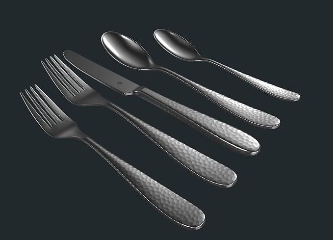 Matte Silverware Set, 18/10 Stainless Steel Satin Flatware, Modern Brushed Finish Cutlery, Dishwasher Safe & Durable, Built to Last (60-Piece, Fidenza Hammered)
