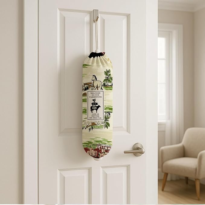 Farmhouse Plastic Bag Holder for Kitchen Essentials, Cartoon Animal Plastic Bags Holder, Reusable Hanging Trash Sack Dispenser, Wall Mount Plastics Sack Storage Container Dispenser