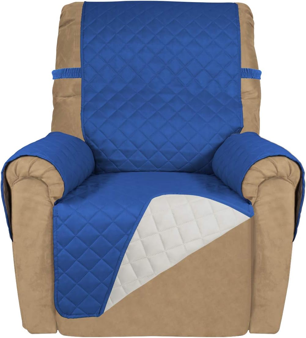 PureFit Reversible Quilted Sofa Cover, Water Resistant Slipcover Furniture Protector, Washable Couch Cover with Non Slip and Elastic Straps for Kids, Dogs, Pets (Small Recliner, Classic Blue/Ivory)