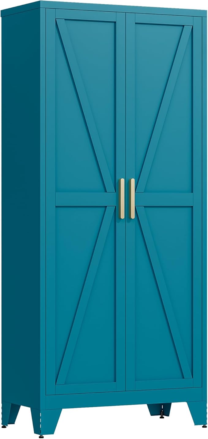 71" Storage Cabinet with Doors and Shelves, Tall Freestanding Pantry Cabinet in Teal Blue with 2 Doors & 4 Adjustable Shelves, All-Steel Farmhouse Cupboard for Kitchen, Garage, Laundry Room