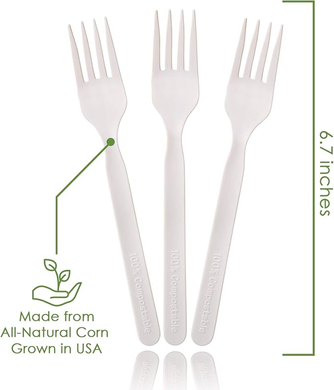 Ecovita 100% Compostable Forks - 500 Large Disposable Utensils (7 in.) Bulk Size Eco Friendly Durable and Heat Resistant Alternative to Plastic Forks with Convenient Tray