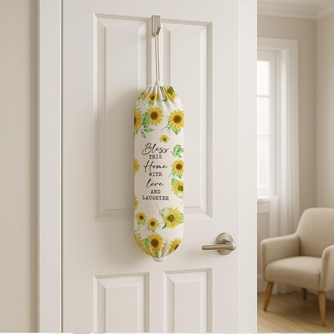 Sunflower Plastic Bag Holder, Bless This Home with Love And Laughter Plastic Bag Holder, Christian Inspirational Gift for Women Plastics Bags Holders with Bible Verses, Reusable Trash Bags Organizer