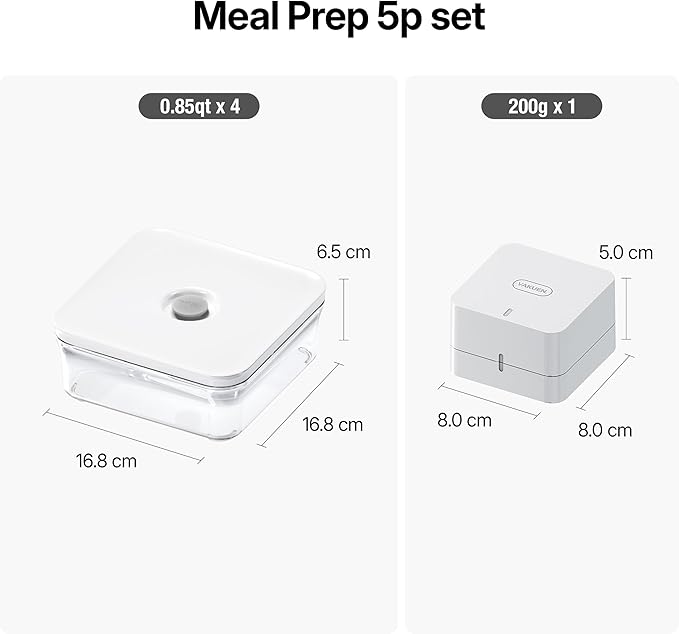 VAKUEN Premium Airtight Food Storage Container. Meal Prep 0.85qt 5pc/Set. 4pcs Container and Vacuum Sealer. Patented Double Silicone Lining, 100% Leak Proof, BPA-FREE