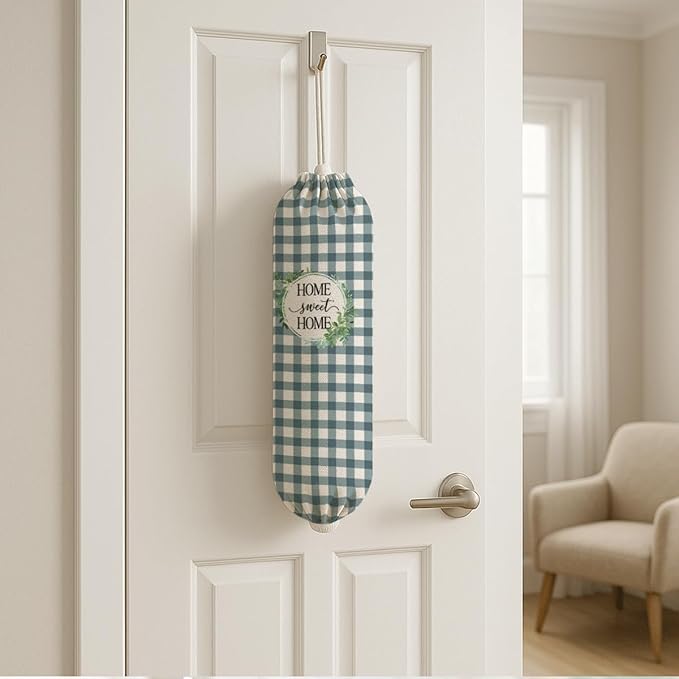 Plastic Bag Holder, Home Sweet Home Plastic Bag Holder for Kitchen Essentials, Blue and White Grid Bags Holders for Plastics Bags Groceries Store, Reusable Hanging Trash Sack Dispenser