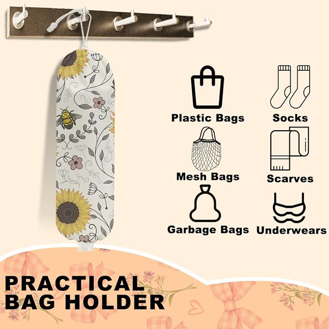 Cute Bee Plastic Bag Holder, Wall Mount Grocery Bag Holder for Plastic Bags, Vintage Rustic Sunflower Large Reusable Grocery Bags Storage Dispenser for Home Kitchen Pantry, Sunflower Gifts for Women