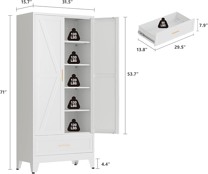 71" Storage Cabinet with Bottom Drawer, Pantry Cabinet in White with 2 Doors & 4 Adjustable Shelves, Freestanding Steel Cupboard for Garage, Home Office, Kitchen, Heavy-Duty Storage