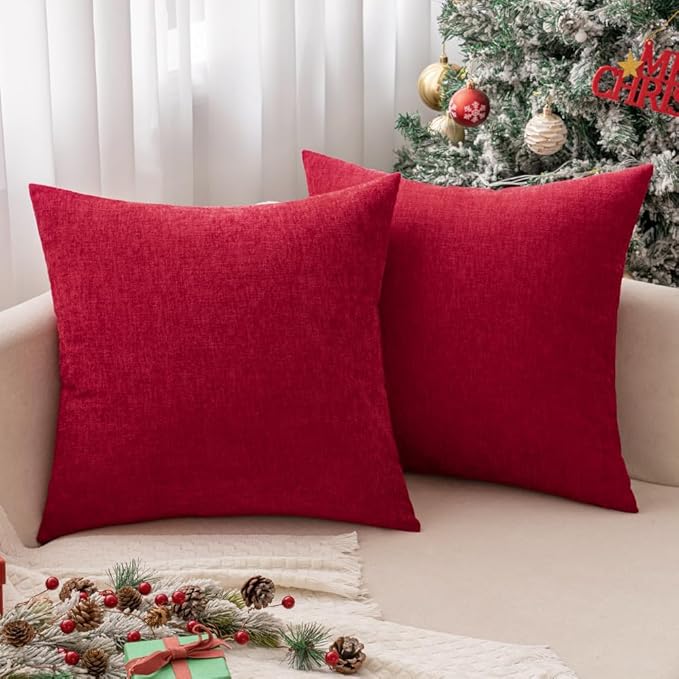 MIULEE Pack of 2 Christmas Red Couch Throw Pillow Covers 16x16 Inch Soft Chenille Pillow Covers for Sofa Living Room Solid Dyed Pillow Cases