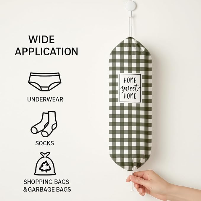 Plastic Bag Holder, Home Sweet Home Plastic Bag Holder for Kitchen Essentials, Olive Green and White Grid Bags Holders for Plastics Bags Groceries Store, Reusable Hanging Trash Sack Dispenser