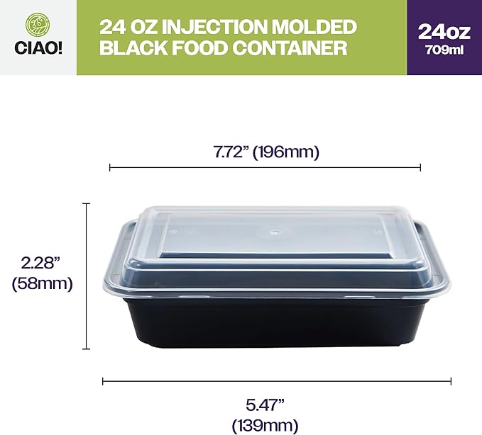 CIAO! Heavy Weight 24oz Injection Molded Microwavable Black Rectangular Food Container With Lid (150/case)