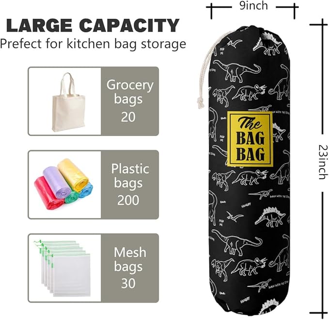 HiLus Dinosaur Pattern Grocery Bags Holder, Wall Mount Plastic Bags Storage Container Dispenser, Kitchen Organizer (H-18)