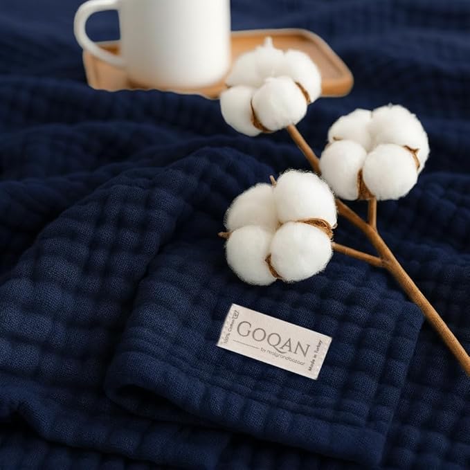 Goqan Throw Blanket 55x60 – 100% Turkish Cotton 4 Layer Boho Muslin Blanket for Adults, Four Season Blanket Lightweight and Thin, Soft, Breathable for Bed, Couch, Picnic - Navy