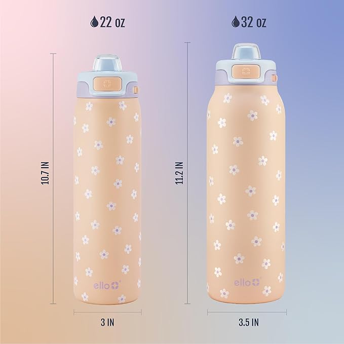 Ello Pop & Fill Stainless Steel Water Bottle with Quick Fill Technology, Double Walled Vacuum Insulated Metal, Leak Proof Locking Lid, Sip & Chug, BPA Free, Holiday Gift for Him Her, 22oz, 32oz, 40oz