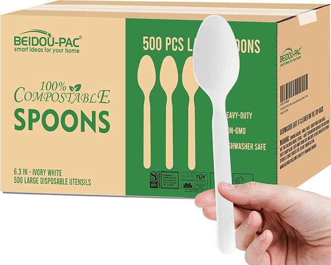 500 Count Compostable Disposable Non Plastic Spoons, Large Heavy Duty Biodegradable Utensils, Eco Friendly Durable Sturdy Recyclable Spoons Flatware Silverware for Party Wedding Daily Use