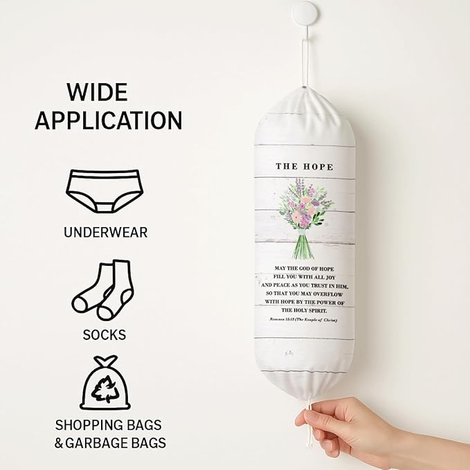 Plastic Bag Holder, The Hope Romans 15:13 Plastic Bag Holder Christian Decor, Reusable Hanging Trash Bags Dispenser, Christian Kitchen Gifts for Women Plastics Bags Holders with Bible Verse