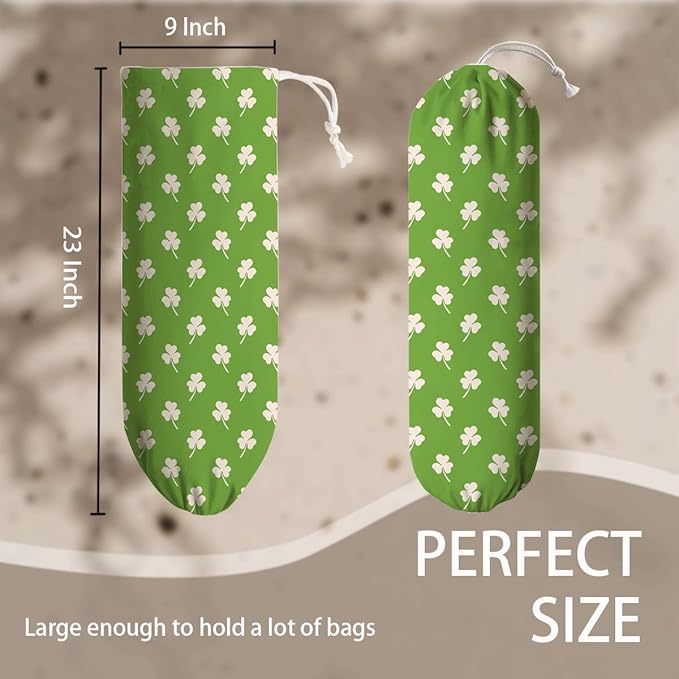 Reusable Grocery Bag Holder, Wall Mounted Organizer Dispenser, Washable Cotton-Linen Storage, St. Patrick’s Day White Clover Design, Lucky Shamrock Pattern for Kitchen Pantry or Cabinet