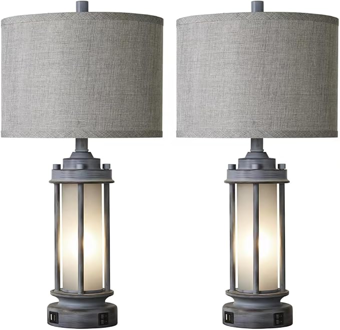 AIEAMPDO Set of 2 Rustic Table Lamps for Living Room, Farmhouse Vintage Nightstand Lamp with 2 USB Ports, Antique Retro Light Green Glass Night Light for Bedroom Entryway, 4 Bulbs Included