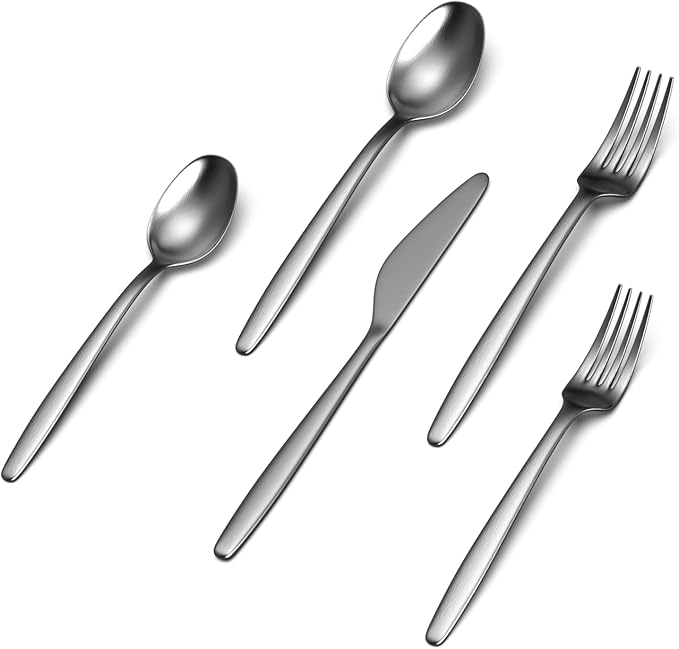 JazzUpCo Tia Flatware non toxic 18/10 stainless steel dishwasher safe (Matte Silver, 16 Person Set (80 Pieces))