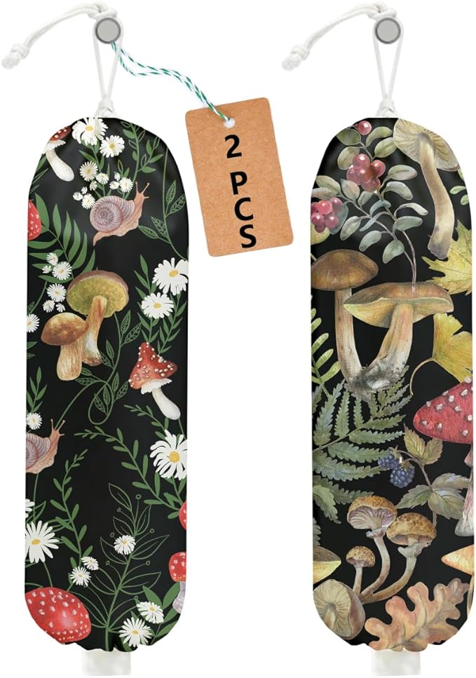 2Pcs Mushroom Plastic Bag Holder, Wall Mount Grocery Bag Holder for Plastic Bags, Summer Leaves Reusable Shopping Bags Storage Dispenser for Home Kitchen Pantry, Mushroom Gifts for Women