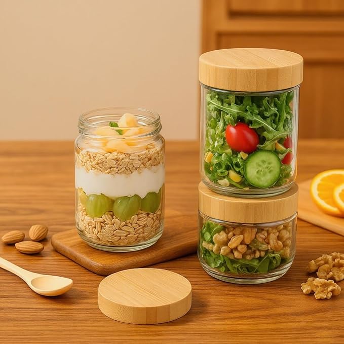 12 Pack 16oz Glass Jars with Bamboo Lids, Spoons, Airtight Overnight Oats Containers, Salad& Yogurt Storage, Mason Jars for Snacks, Spices, Meal Prep – Reusable
