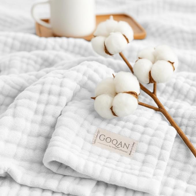 Goqan Muslin Blanket Queen 79x90 – 100% Turkish Cotton 4 Layer Boho Muslin Blanket for Adults, Four Season, Lightweight and Thin, Soft, Breathable for Bed - White