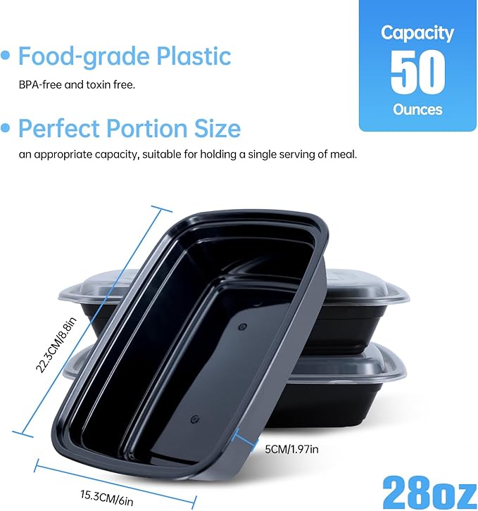 28oz meal prep containers with lids, 50 Pack (100-Piece),BPA-Free, Food Safe & Leakproof Reusable Plastic Food Storage – Microwave Safe, Stackable Takeout Boxes