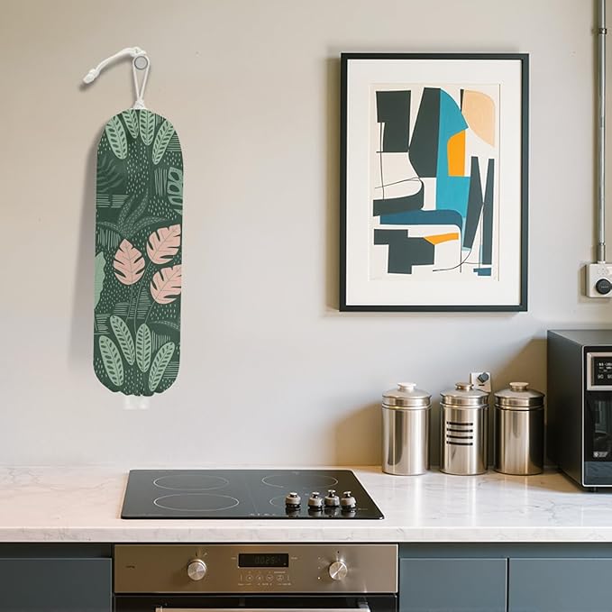 Tropical Green Leaves Plastic Bag Holder, Grocery Bag Holder for Plastic Bags, Nature Greenery Reusable Grocery Bags Storage Dispenser for Home Kitchen Decor, Plant Lover Gifts for Women