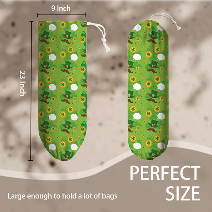 Plastic Bag Holder, Wall Mount Grocery Sack Organizer Dispenser, Washable Cotton-Linen Storage with Hanging Loop, St. Patrick’s Day Green Hat, Clover & Coin Design for Kitchen Pantry