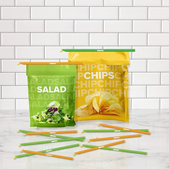 GRIPSTIC Bag Sealer - Reusable Chip Bag Clips. Patented. Airtight & Waterproof Seal on Food Storage Bags, Kids Snacks & More. Near Zero Waste. 12ct Large