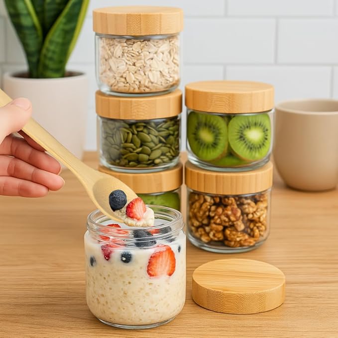 12 Pack 10oz Glass Jars with Bamboo Lids, Spoons, Airtight Overnight Oats Containers, Salad & Yogurt Storage, Mason Jars for Snacks, Spices, Meal Prep – Reusable