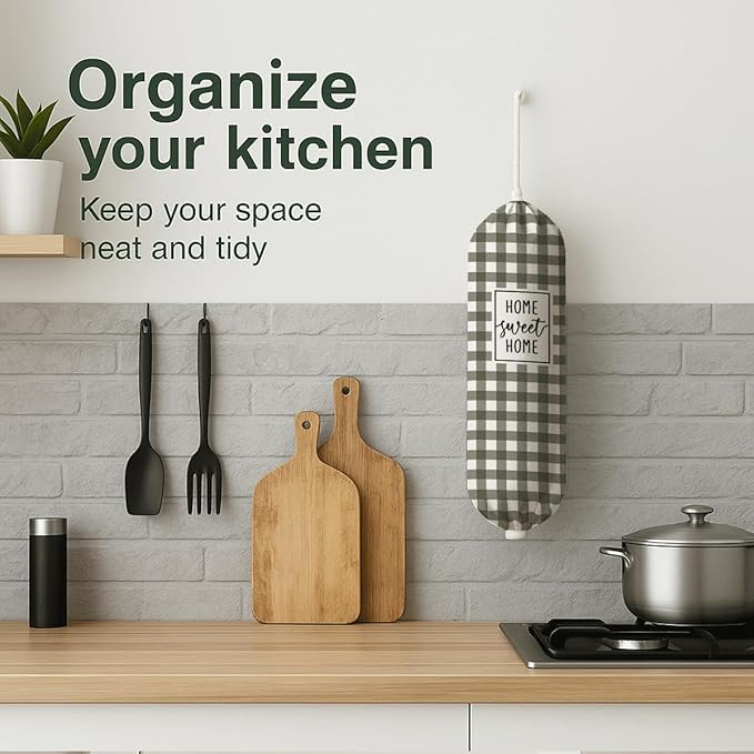 Plastic Bag Holder, Home Sweet Home Plastic Bag Holder for Kitchen Essentials, Olive Green and White Grid Bags Holders for Plastics Bags Groceries Store, Reusable Hanging Trash Sack Dispenser