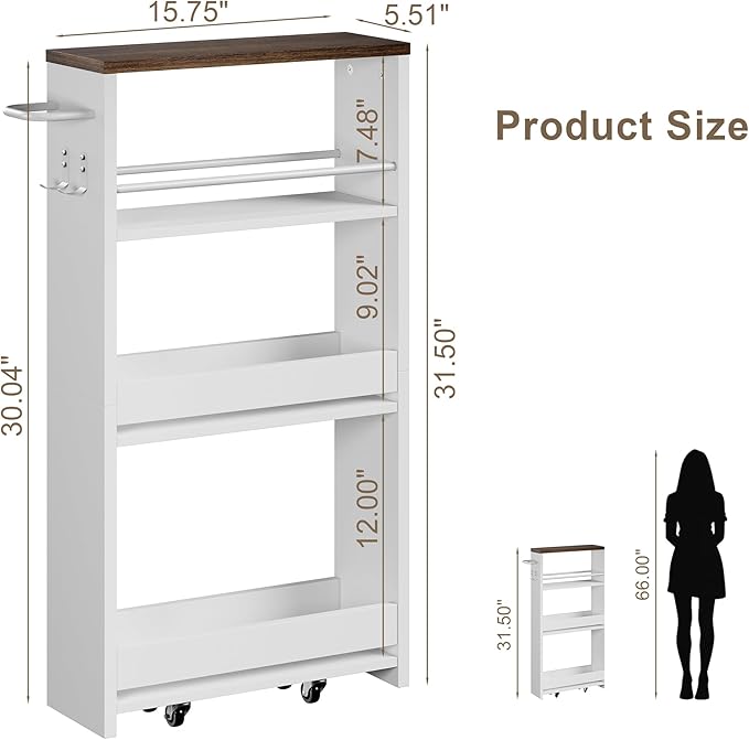 ChooChoo 4-Tier Slim Storage Cart with Handle, 5.51" W Rolling Utility Cart on Universal Wheels, Kitchen Cart Mobile Shelving Organization for Laundry Room, Bathroom & Narrow Place (Walnut & White)