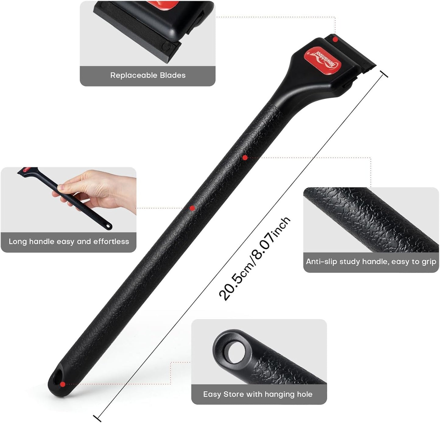 NEWISHTOOL 2 Pcs Long Handle Plastic Razor Blade Scraper With 100 PCS Spare Replacement Blades, Sticker Remover Glue Residue Tool for Hard to Reach Corner