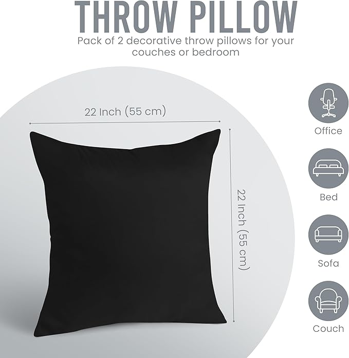 Utopia Bedding 22x22 Pillow Inserts, Set of 2, Black – Indoor Decorative Throw Pillows for Bed, Sofa & Couch – Soft, Supportive & Fluffy Cushion Inserts