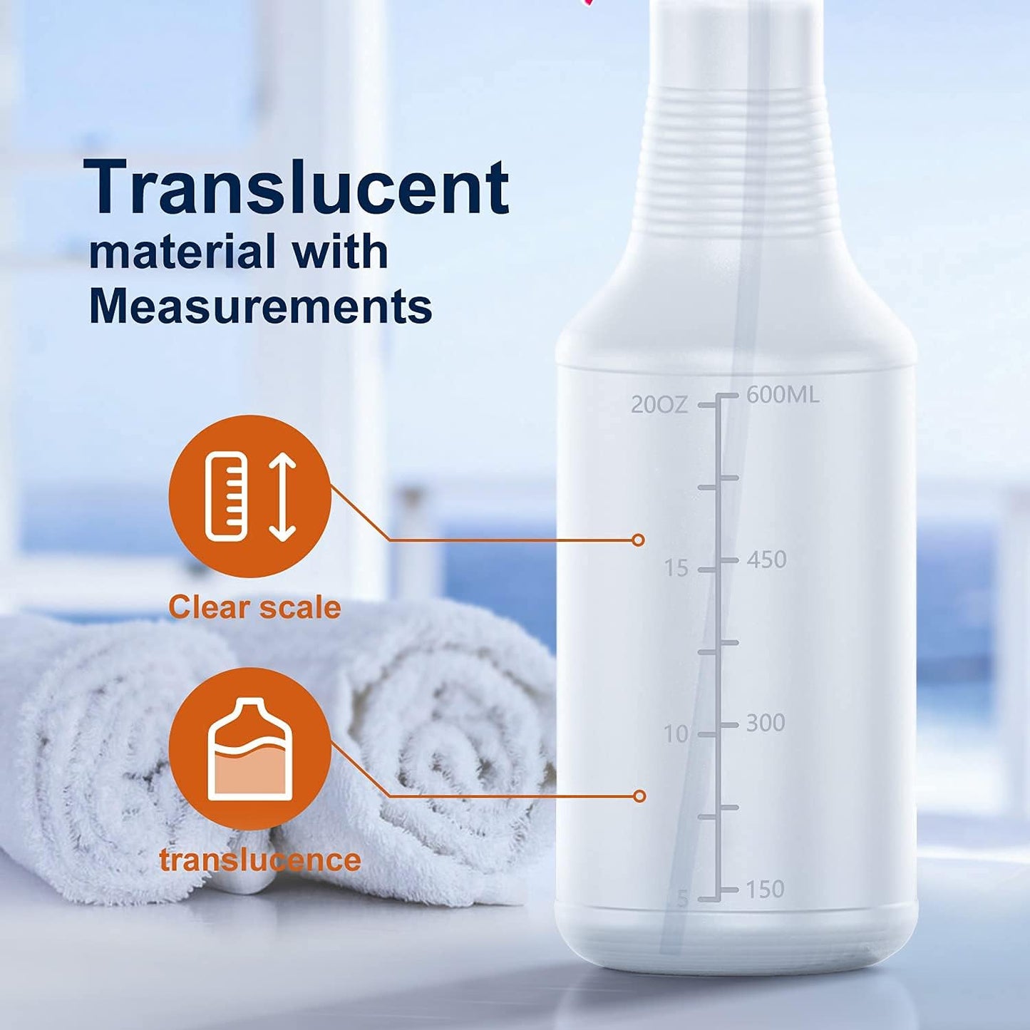 Veco Spray Bottle (5 Pack,24 Oz) with Measurements and Adjustable Nozzle(Mist & Stream Mode), HDPE Plastic Spray Bottles for Cleaning Solution, Household/Commercial/Industrial Use, No Leak and Clog