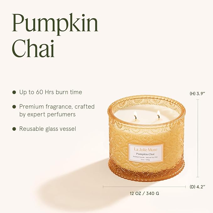 LA JOLIE MUSE Pumpkin Chai Candle | Spicy Chai & Vanilla | 12 oz Double Wick Soy Candle | 60 Hours Clean Burn | Elegant Home Décor & Hosting Gift
