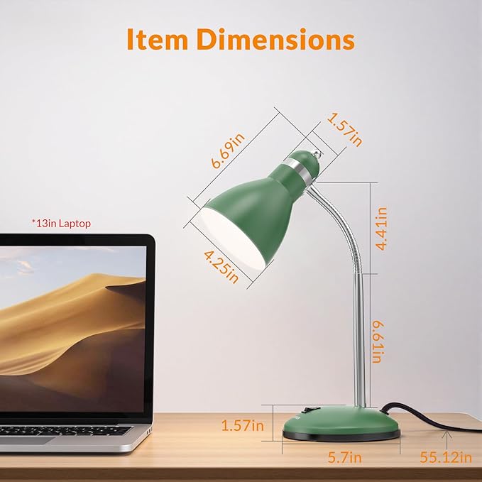 LEPOWER Metal Desk Lamp, Adjustable Goose Neck Table Lamp, Eye-Caring Study Desk Lamps for Bedroom, Study Room and Office (Green)