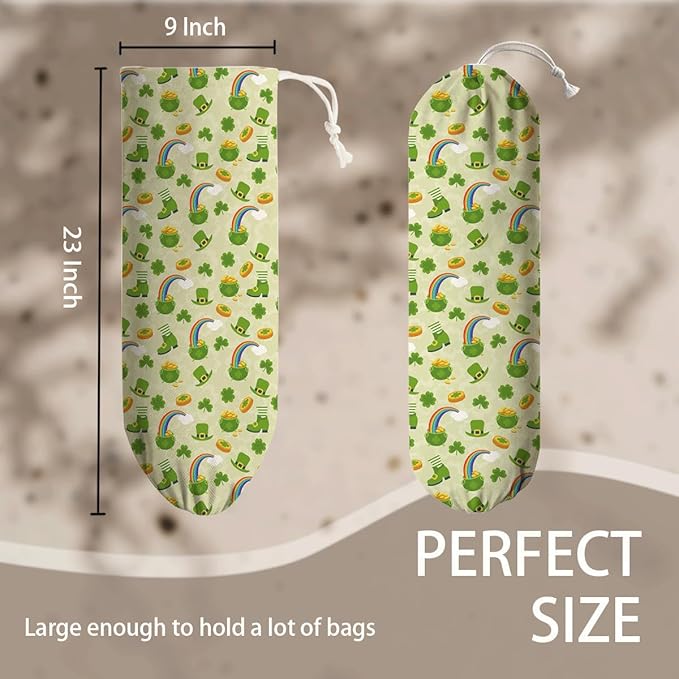 Plastic Bag Holder, Wall Mount Grocery Sack Organizer Dispenser, Washable Cotton-Linen Storage with Hanging Loop, St. Patrick’s Day Lucky Clover & Rainbow Theme, Fun Irish Decor for Kitchen