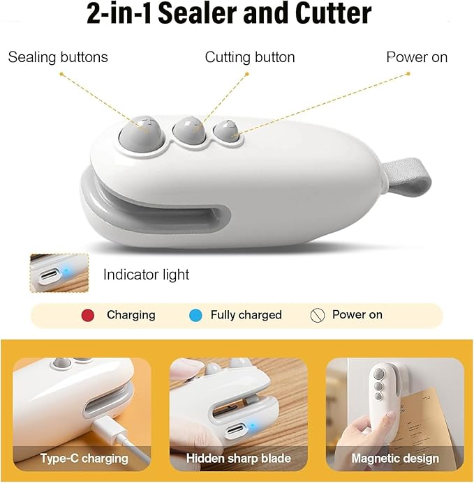 2Pcs Mini Bag Sealer 2 in 1Heat Sealer with Cutter and Magnet Portable handheld Rechargeable Food Bag Sealer Plastic Bag Sealing Machine for Snacks, Chips& Food Storage (white+blue)