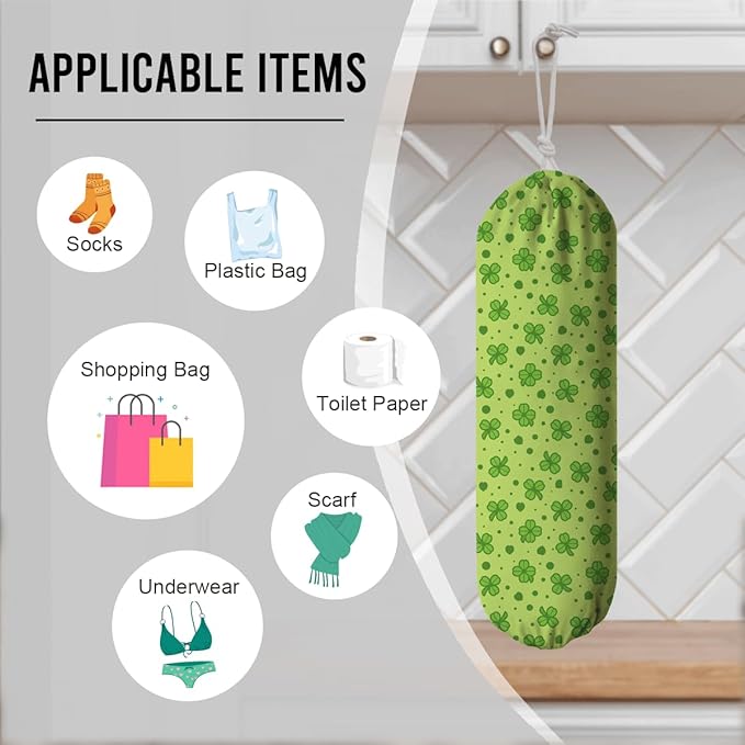 Reusable Grocery Bag Holder, Wall Mounted Organizer Dispenser, Washable Cotton-Linen Storage, St. Patrick’s Day Green Clover & Lucky Shamrock Design, Lucky Pattern for Kitchen Pantry or Cabinet