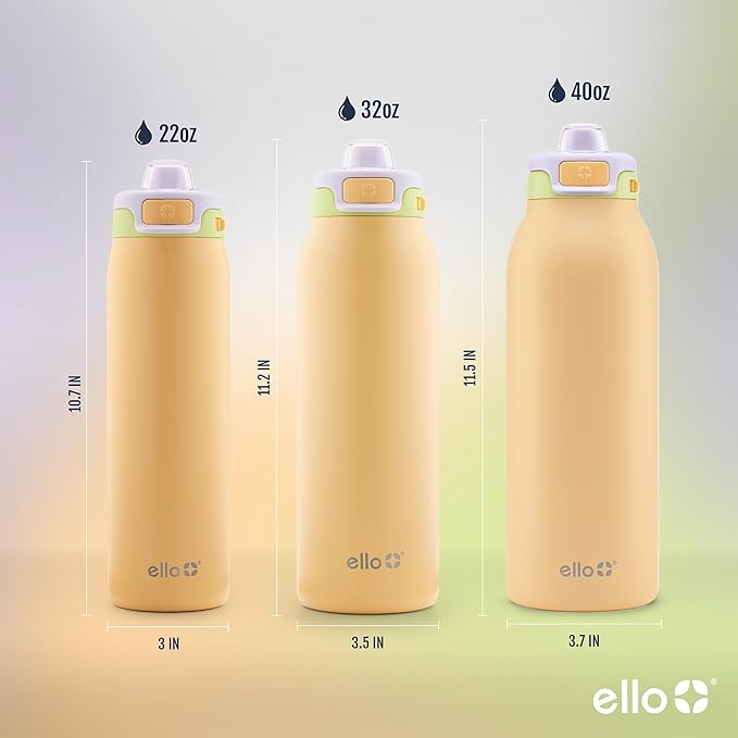 Ello Pop & Fill Stainless Steel Water Bottle with Quick Fill Technology, Double Walled Vacuum Insulated Metal, Leak Proof Locking Lid, Sip & Chug, BPA Free, Holiday Gift for Him Her, 22oz, 32oz, 40oz