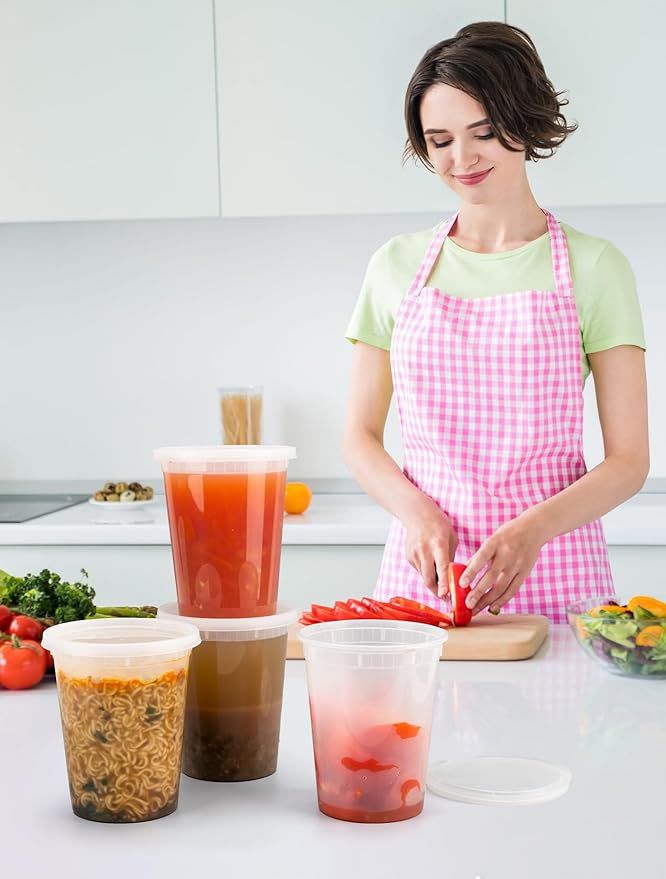 50 Pack 32 oz Plastic Food Containers with Lids BPA Free Stackable Leakproof Deli Containers for Meal Prep Slime Soup Microwave Freezer Dishwasher Safe