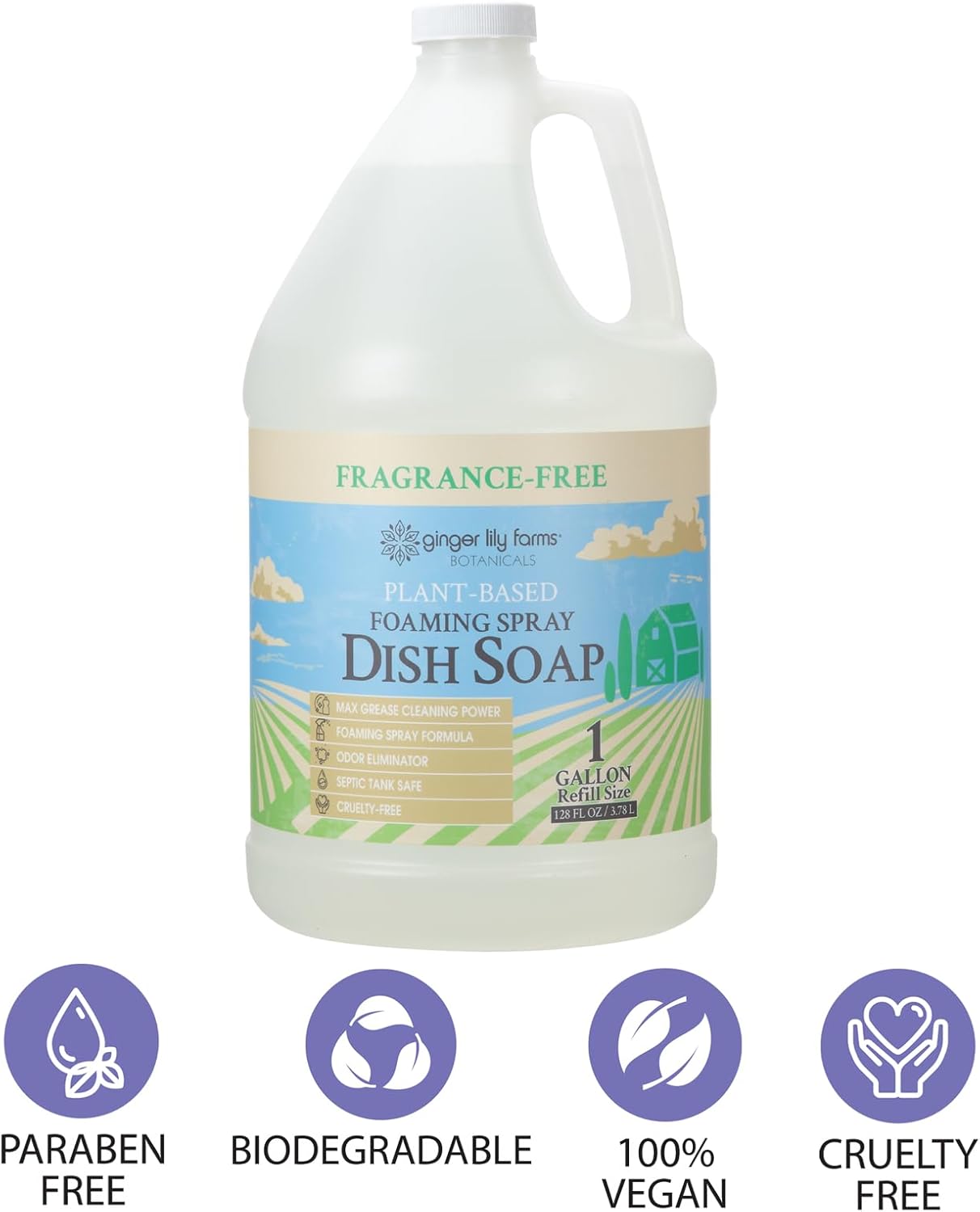 Ginger Lily Farms Botanicals Plant-Based Foaming Spray Dish Soap, Concentrated Formula with Max Grease Cleaning Power, Cruelty-Free, Fragrance-Free, 1 Gallon Refill (128 Fl Oz)