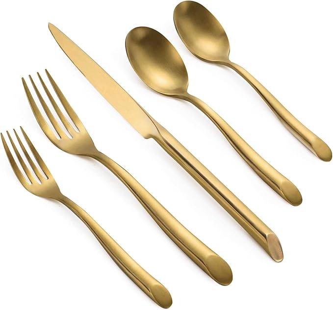 Gold 5-Piece Silverware Set, Elegant Stainless Steel Flatware Set, Cutlery Set Mirror Polished, Dishwasher Safe, Service for 1