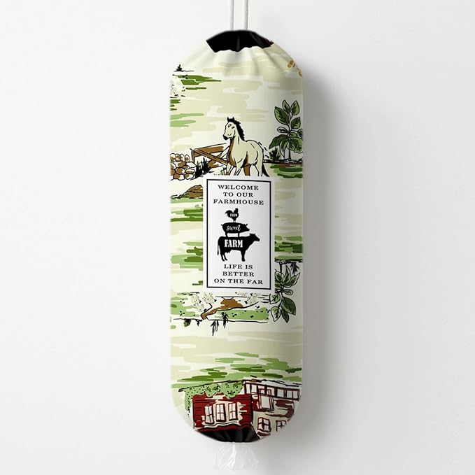 Farmhouse Plastic Bag Holder for Kitchen Essentials, Cartoon Animal Plastic Bags Holder, Reusable Hanging Trash Sack Dispenser, Wall Mount Plastics Sack Storage Container Dispenser