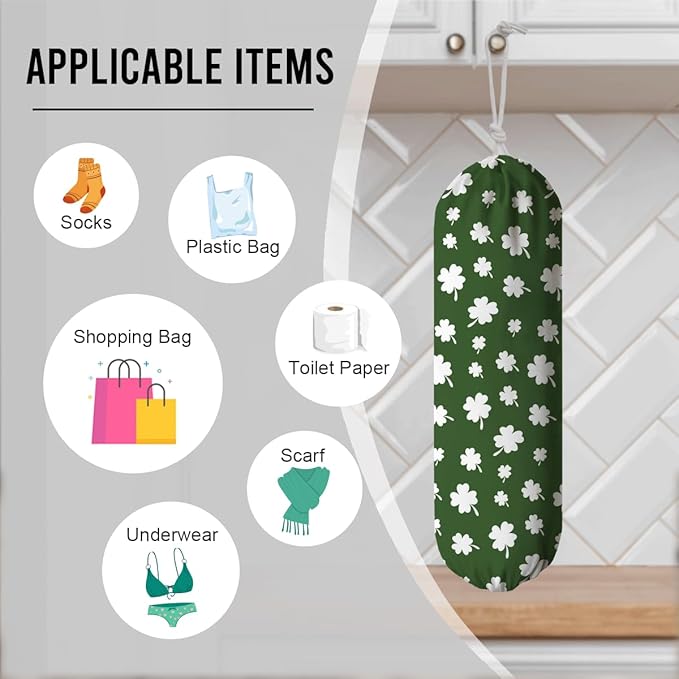 Wall Mount Plastic Bag Holder, Reusable Grocery Sack Organizer, Washable Cotton-Linen Storage, St. Patrick’s Day White Shamrock & Clover Design, Hanging Loop for Kitchen Pantry Decor